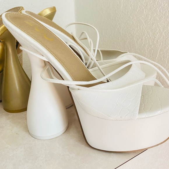 EGO Shoes - EGO Funky Platform Chunky Disco Heels Ankle Wrap Strap White Snake Skin